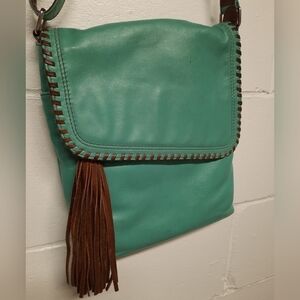 ili New York Genuine Leather Crossbody Bag- Animal Print interior Green